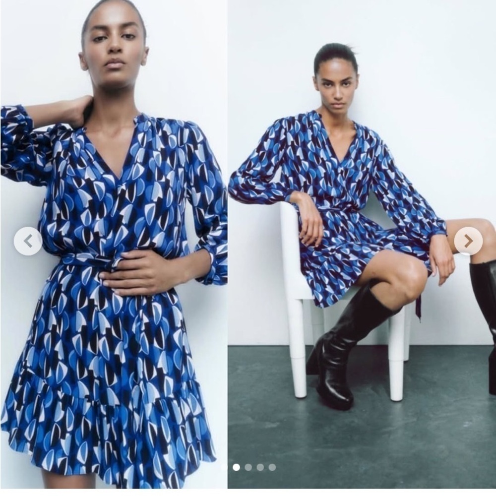 Zara Paula Geometric Printed Ruffle Belted Mini Dress